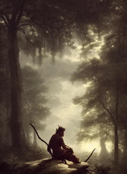 Image similar to sun wukong sitting alone in the melancholy forest. andreas achenbach, artgerm, mikko lagerstedt, zack snyder, tokujin yoshioka