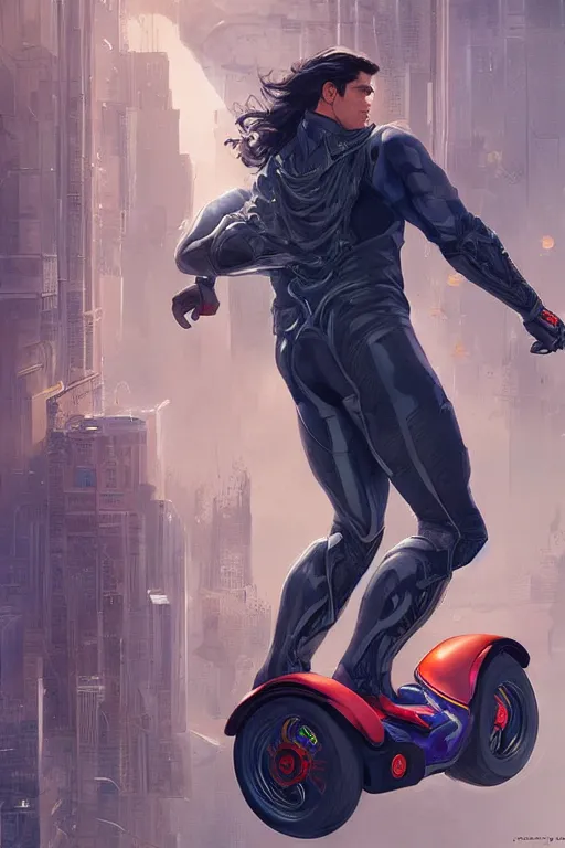 Image similar to superman riding a Segway, cyberpunk, intricate, elegant, highly detailed, digital painting, artstation, concept art, smooth, sharp focus, illustration, art by artgerm and greg rutkowski and alphonse mucha