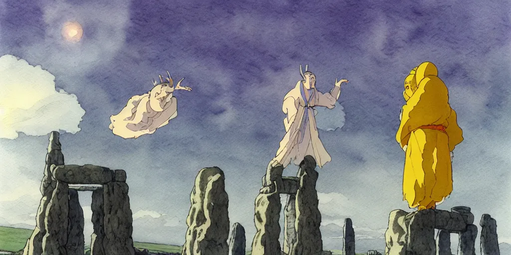 Image similar to a hyperrealist studio ghibli watercolor fantasy concept art of a giant chinese god and a small grey alien with a yellow robe in stonehenge in the early morning. a giant gold ufo is floating in the air. by rebecca guay, michael kaluta, charles vess