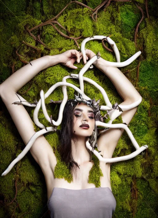 Prompt: a photo of a female model, orgnic headpiece, vines, horn, moss, fashion photography, realistic, hyperdetails, dark grey backdrop studio, tree bark and moss costume, body with paint