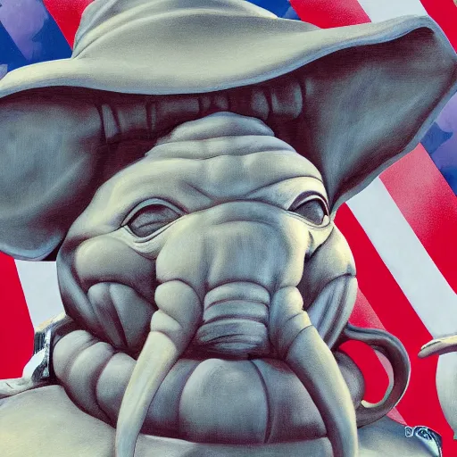 Image similar to elephant yoda patriot potus, modern art placed in a large living room, art designers magazine HD photo superrealism 3d 8k resolution