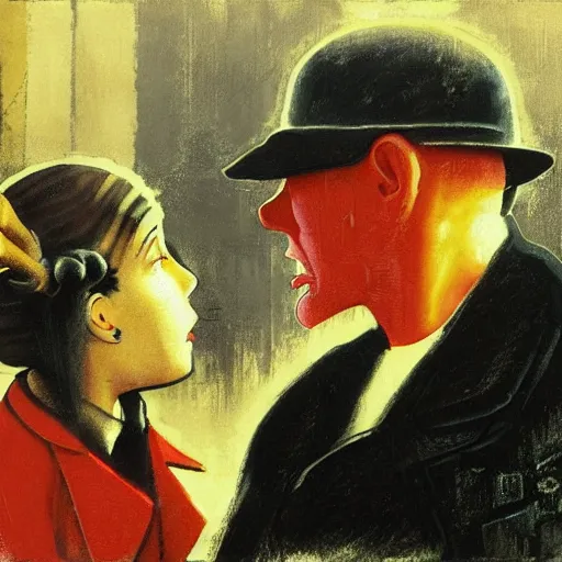 Image similar to a highly detailed epic cinematic concept art, cyberpunk, a thin man in a black coat and bowler hat talks with small young girl who is dressed in a red coat and a red hat, Berlin park, autumn, 1923, in the style of in the style of Francis Bacon and Syd Mead and Norman Rockwell and Beksinski, painted by Francis Bacon and Edward Hopper, painted by James Gilleard, surrealism, airbrush, Ilya Kuvshinov, WLOP, Stanley Artgerm, very coherent, triadic color scheme, art by Takato Yamamoto and James Jean, high detail, width 768