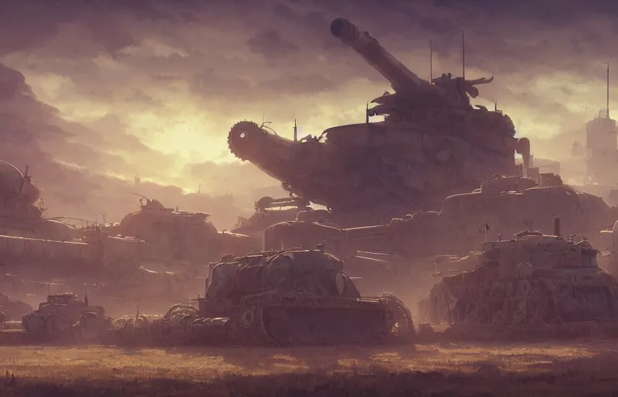 Image similar to concept art of a dusty field with ruined dieselpunk orcish tanks in the background, key visual, ambient lighting, highly detailed, digital painting, artstation, concept art, sharp focus, by makoto shinkai and akihiko yoshida and hidari and wlop