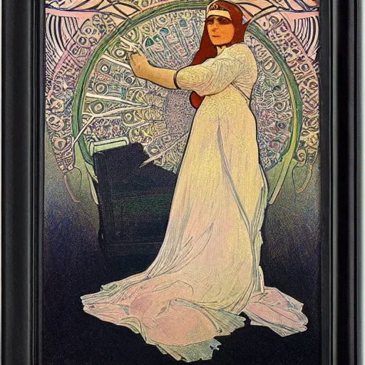 Prompt: feminine portrait of benjamin netanyahu in pride parade, by alphonse mucha