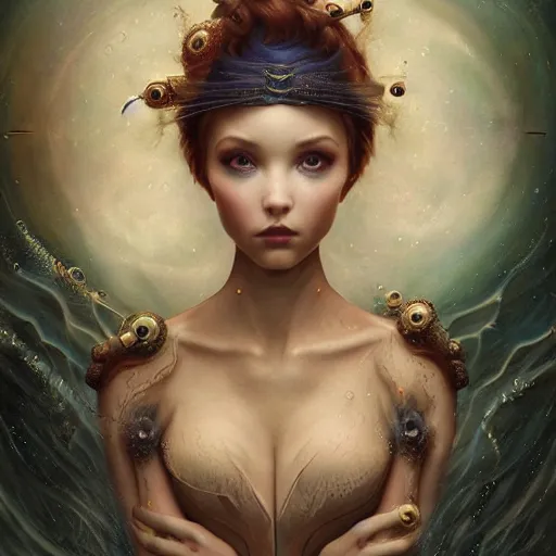 Prompt: tom bagshaw, ocean depths cosmic waves curiosities in steampunk lovecraftian world, beautiful asian mix of dove cameron madison beer bella poarch in a full dress, pure makeup, professionally retouched, focus eyes, ultra realistic soft painting, insanely detailed linework, symmetrical accurate intricate features, behance, 8 k