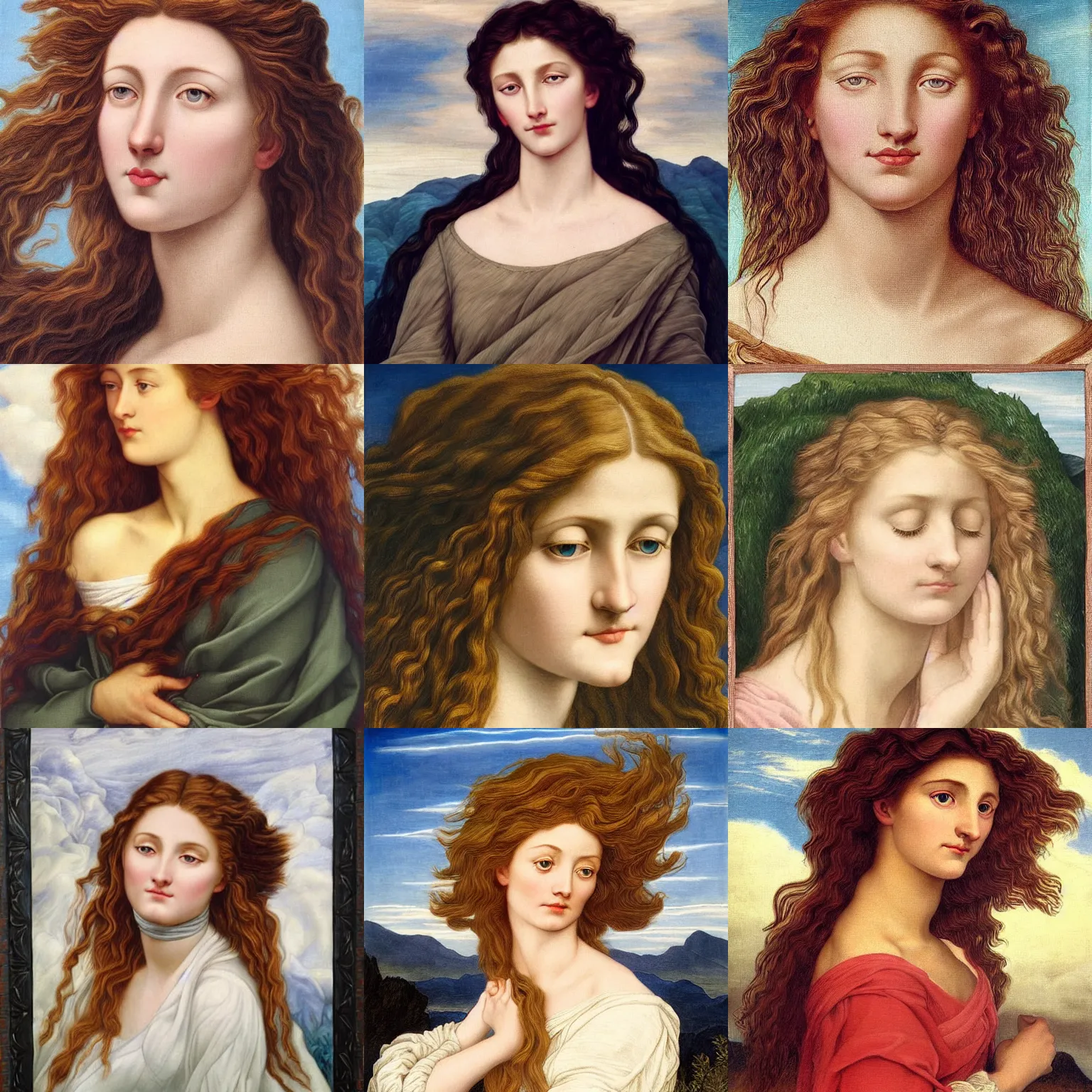 Prompt: portrait of a beautiful young woman. hair in the wind. painting by evelyn de morgan.