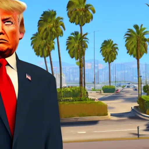 Prompt: Donald Trump in GTA V. Los Santos in the background, palm trees. In the art style of Stephen Bliss