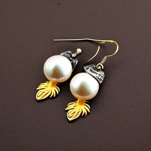 Prompt: jewelry design, pearl earrings with phoenix decoration, model show