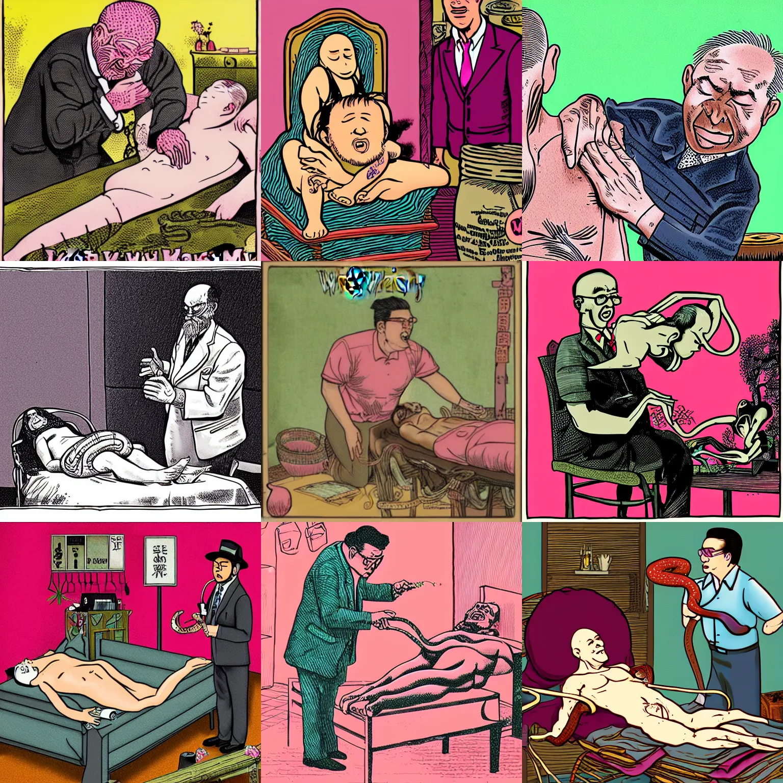 Prompt: the famous snake oil salesman Uncle Aloysius curing a patient of the pink wojacity, death metal album art by Ed Repka