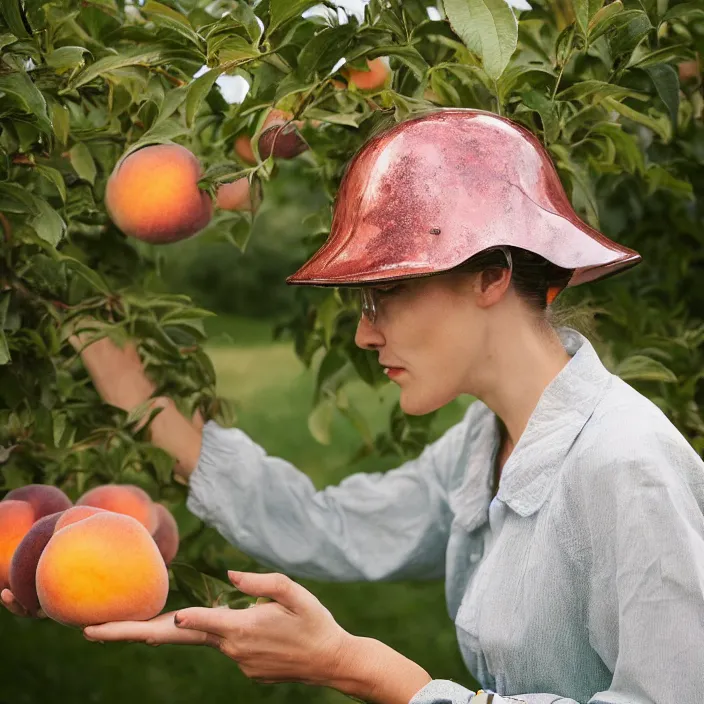 Image similar to a closeup portrait of a woman wearing a vintage diving helmet, picking peaches from a tree in an orchard, foggy, moody, photograph, by vincent desiderio, canon eos c 3 0 0, ƒ 1. 8, 3 5 mm, 8 k, medium - format print