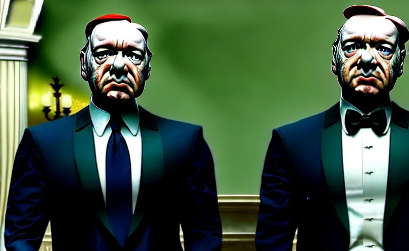 Image similar to frame from pepe house of cards movie