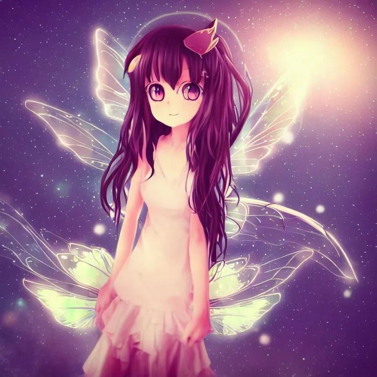 Prompt: cute, full body, female, anime style, a cat girl with fairy wings, large eyes, beautiful lighting, sharp focus, simple background, creative, heart effects, filters applied