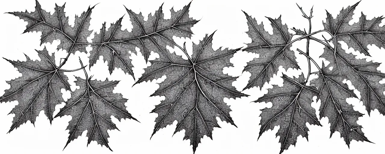 Image similar to a full page schematic diagram illustration of a hybrid between oak leaf and wine leaf, ultra detailed, 4 k, intricate, encyclopedia illustration, fine inking lines