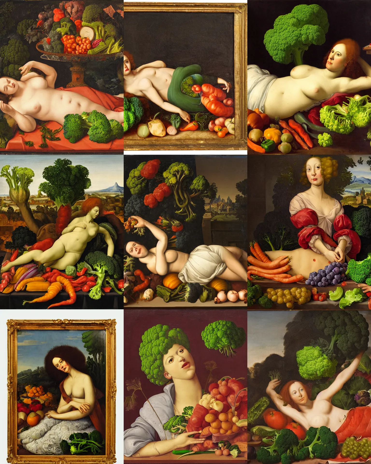 Prompt: a painting of a woman lying down, with broccoli hair, against a background of vegetables, still life, renaissance portrait