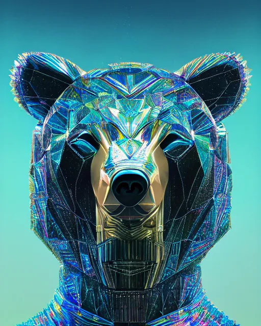 Prompt: highly detailed surreal vfx portrait of a metallic chromatic geometric tribal bear, behance, stephen bliss, unreal engine, greg rutkowski, loish, rhads, beeple, makoto shinkai and lois van baarle, ilya kuvshinov, rossdraws, tom bagshaw, alphonse mucha, global illumination, detailed and intricate environment