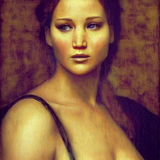 Prompt: A striking hyper real painting of Jennifer Lawrence by da Vinci.