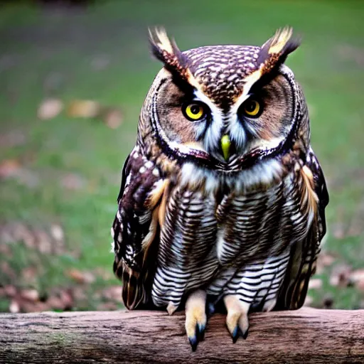 Image similar to An owl crossbred with a bear. The animal has the body of a bear, with fur, the bear is brown, it's owls head has feathers, the owls face eyes are yellow , 8k, ultra realistic, professional photography