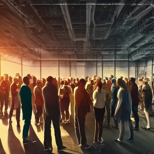 Image similar to large group people in a warehouse, surrounding hologram of futuristic city on a table, cinematic concept art, godrays, golden hour, natural sunlight, 4 k, clear details, tabletop model buildings, tabletop model, hologram center