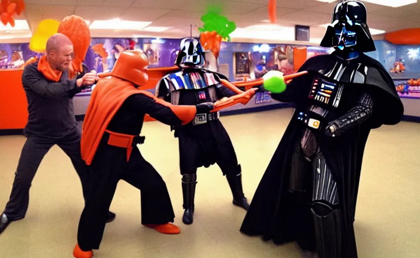 Prompt: darth vader fighting carrot top at the chuck e cheese