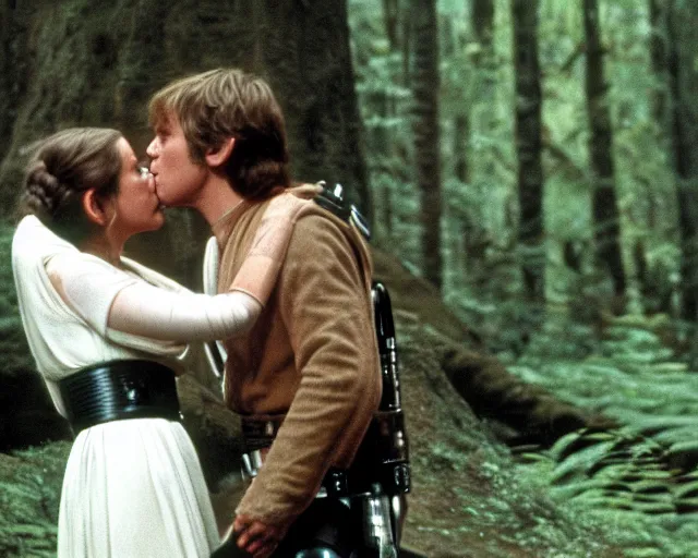 Image similar to luke skywalker, princess leia and han solo hugging and kissing in the forest of endor at the end of return of the jedi