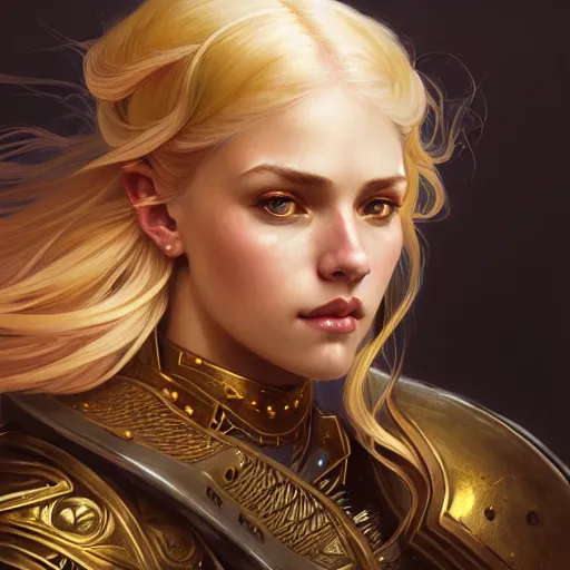 Image similar to Portrait of a girl with blonde hair wearing a heavy knight armor, golden accents, face, fantasy, intricate, elegant, highly detailed, digital painting, artstation, concept art, smooth, sharp focus, illustration, art by Wei Fan and Fernanda Suarez and Artem Demura and alphonse mucha