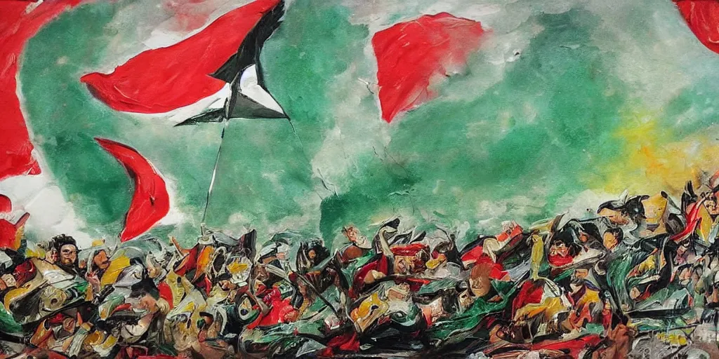 Image similar to dramatic painting of freedom for palestine, red green white black