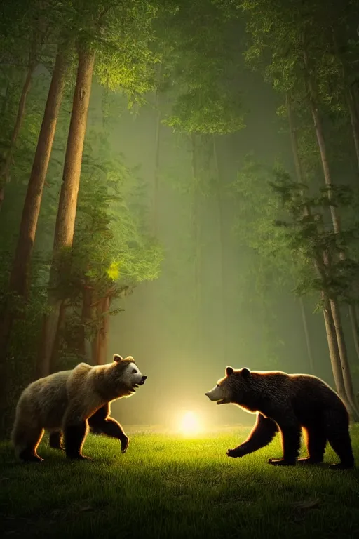 Prompt: a beautiful fullbody portrait of a bear and a wolf playing capoeira in a forest, at night. volumetric light, detailed, photorealistic, fantasy, rendered in octane