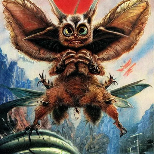 Prompt: gremlins vs mothra art by Noriyoshi Ohrai