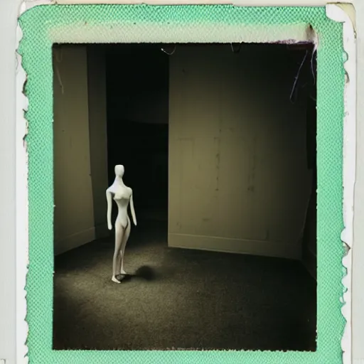 Prompt: old mannequins sparsely populating backrooms, liminal spaces, polaroid photo, highly detailed