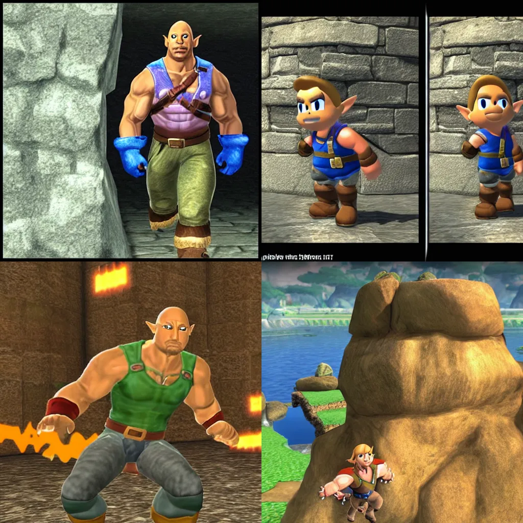 Prompt: Dwayne The Rock Johnson in Hyrule Castle from Super Smash Brothers for n64