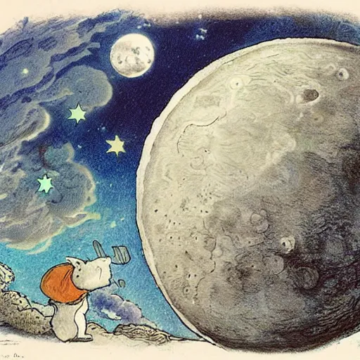 Image similar to dan morris celestial talking moon portrait, side view, surrounded by clouds, illustrated by peggy fortnum and beatrix potter and sir john tenniel