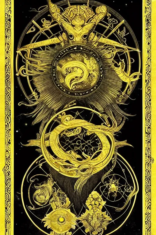 Prompt: Zodiac sign Pisces, Beautiful fish of the devil, on black paper, symmetrical, forsaken spirits, golden ratio, elements, gold, neon, baroque, rococco, white, ink, tarot card with ornate border frame, marc simonetti, paul pope, peter mohrbacher, detailed, occult symbols, intricate satanic ink illustration, by Alfons Mucha, Moebius, Charles Wess, Jeffrey Jones dynamic lighting