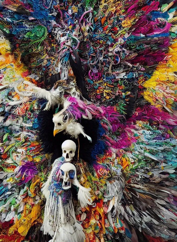 Prompt: photographic masterpiece of an albino raven standing on a colourful ornate skull, annie leibovitz