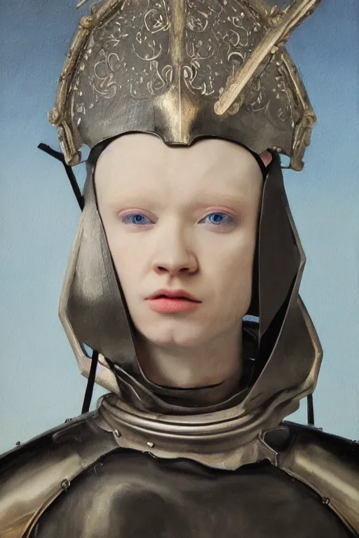 Image similar to hyperrealism oil painting, close - up portrait of albino medieval fashion model, knight, steel gradient mixed with nebula sky, in style of baroque