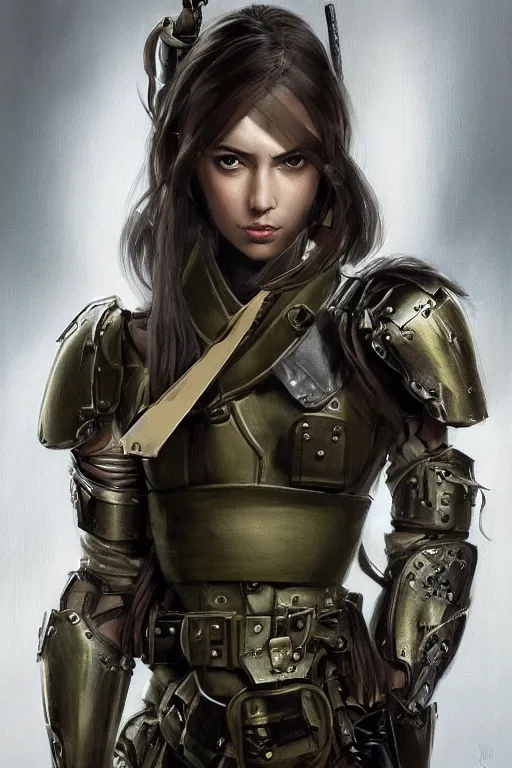 Image similar to a professional portrait of an attractive young female, clothed in military-style battle armor, olive skin, long dark hair, beautiful bone structure, symmetrical facial features, intricate, elegant, digital painting, trending on Artstation, concept art, smooth, sharp focus, illustration, finely detailed, from Metal Gear by Ruan Jia and Mandy Jurgens and Artgerm and William-Adolphe Bouguerea, award winning