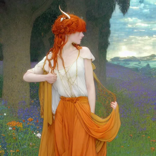 Image similar to A young woman with orange long hair and small horns in shorts and white shirt drawn by Donato Giancola and Makoto Shinkai, Edmund Leighton, Alphonse Mucha, background by James Jean and Gustav Klimt, 4k, porcelain skin, volumetric lighting, komorebi, french nouveau, trending on artstation, octane render, hyperrealistic