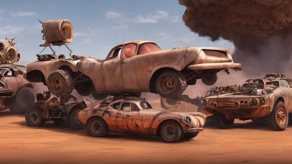 Prompt: mad max cars in a pixar disney movie