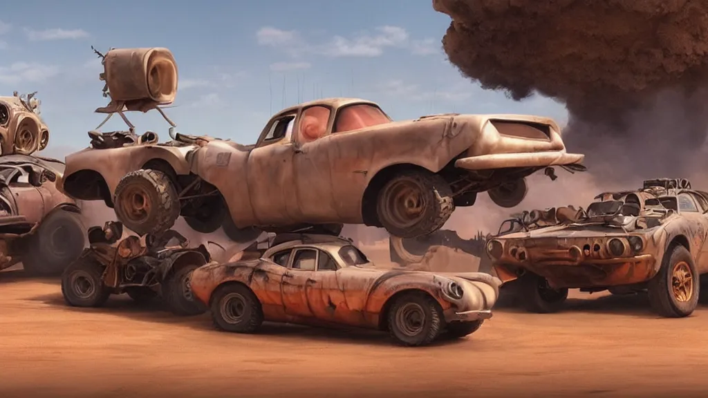 Image similar to mad max cars in a pixar disney movie