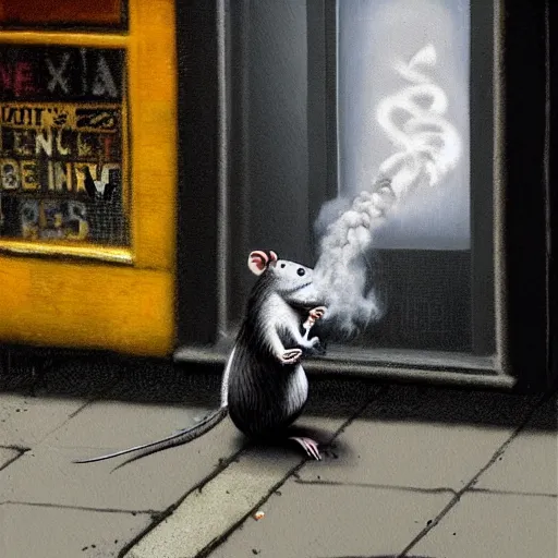 Image similar to a rat smoking a joint in new york with smoke coming through a grate in the ground and warm street lights in the background, painting by banksy, banksy art, high detail, 4 k, smooth,