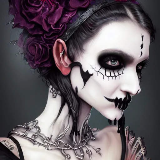 Prompt: a girl wearing a gothic outfit, skull makeup, highly detailed, digital painting, artstation, concept art, smooth, sharp focus, illustration