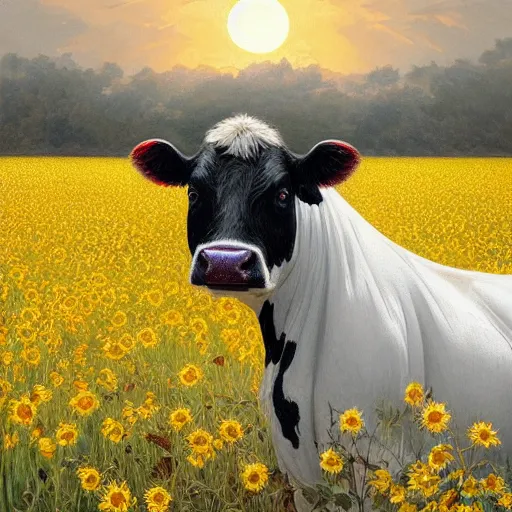 Image similar to portrait of black and white cow, field of sun flowers landscape, rich vivid colors, fantasy, intricate, elegant, highly detailed, digital painting, artstation, concept art, matte, sharp focus, illustration, art by Artgerm and Greg Rutkowski and Alphonse Mucha