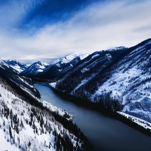 Image similar to British Columbia mountain valley, scenery, winter, helicopter view, hyper realistic, epic, frozen waterfall