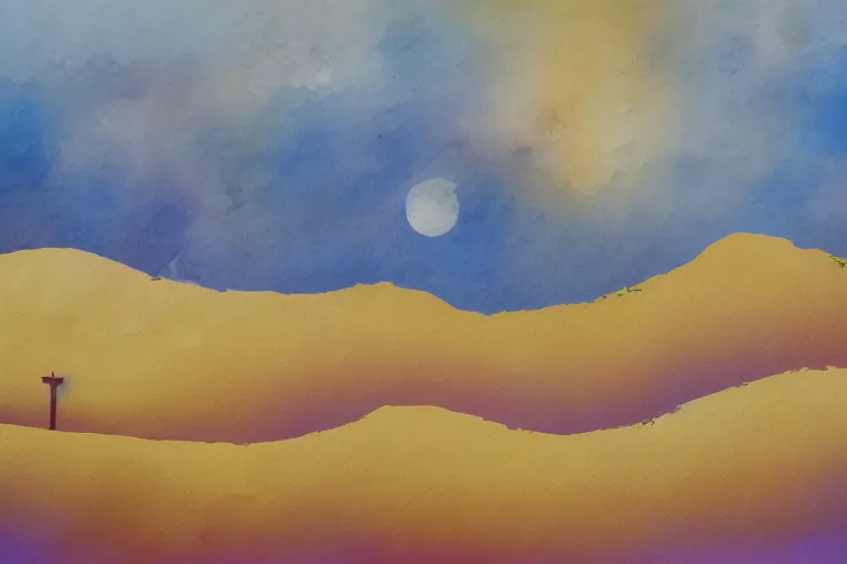 Image similar to beautiful serene walk to the top of the hill to see the wast horizon, healing through motion, life, minimalistic golden and ink airbrush painting on white background, pristine dream