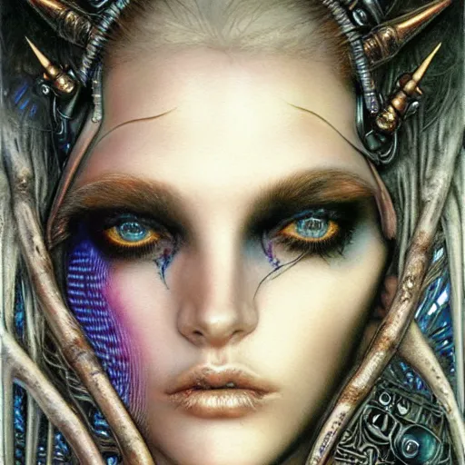 Prompt: an award finning closeup facial portrait by luis royo and john howe of a bohemian female cyberpunk traveller clothed in excessively fashionable 8 0 s haute couture fashion and wearing ornate art nouveau body paint