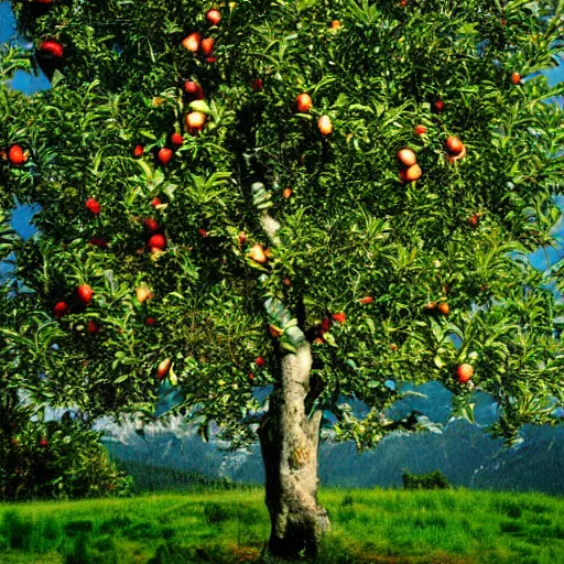 Prompt: apple tree by mountain