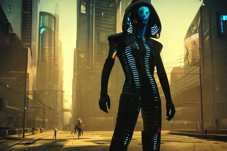 Image similar to cyberpunk alien concept inspired street, futuristic look, highly detailed body, very powerful, photorealistic camera shot, bright studio setting, studio lighting, crisp quality and light reflections, unreal engine 5 quality render