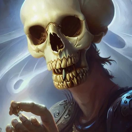 Prompt: a mind - blowing portrait of rayman wearing a human skull, deep focus, d & d, fantasy, intricate, elegant, highly detailed, digital painting, artstation, concept art, matte, sharp, illustration, hearthstone, art by artgerm and greg rutkowski and alphonse mucha