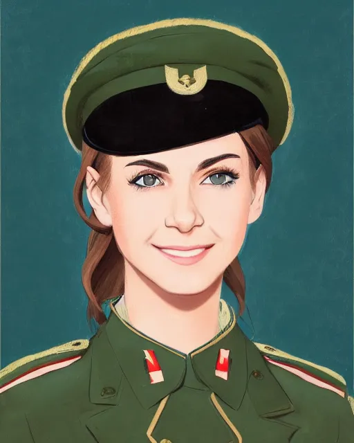 Prompt: portrait of young woman with light brown hair and hazel eyes dressed in a sharp dark teal military uniform with beret, smiling, ilya kuvshinov, anime