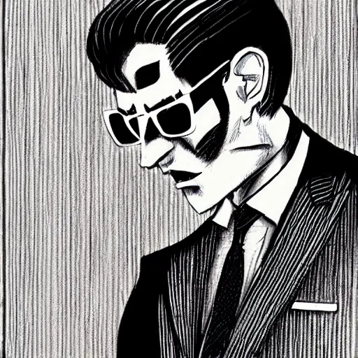 Prompt: a 1 9 8 0 s businessman, wearing a pinstripe suit, hair in slick low ponytail, sunglasses. secret vampire. b / w ink character concept art by guy davis.