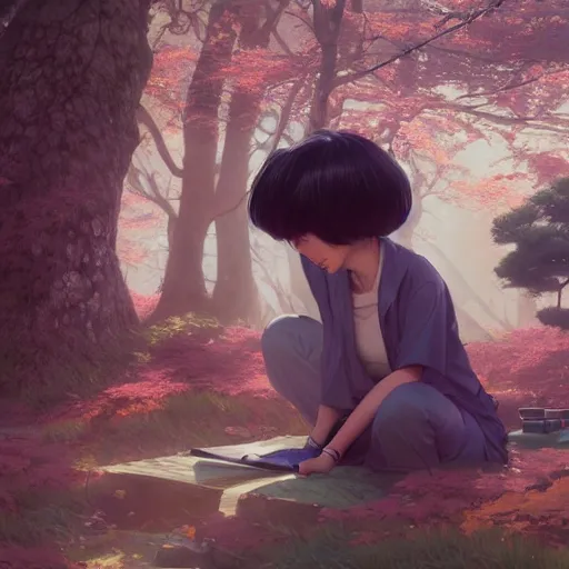 Image similar to a japanese park, highly detailed vfx portrait, unreal engine, greg rutkowski, loish, rhads, caspar david friedrich, makoto shinkai and lois van baarle, ilya kuvshinov, rossdraws, elegent, tom bagshaw, alphonse mucha, global illumination, detailed and intricate environment.